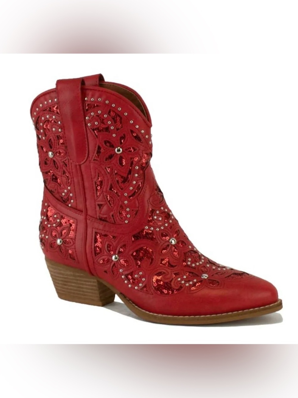 NWOB! Beast Fashion “Adela” Embellished Cowboy Ankle Boots, 7, RED